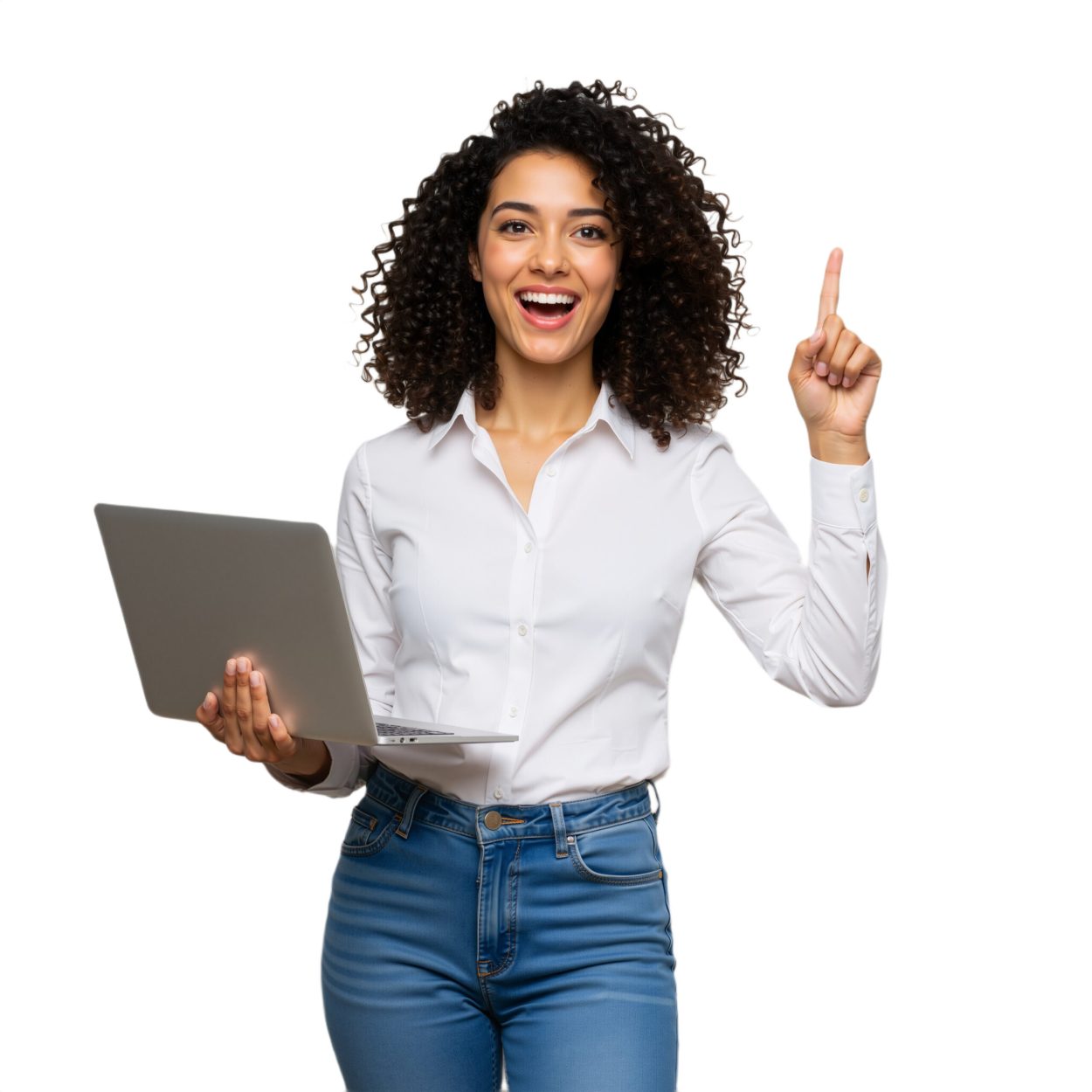 A businesswoman is holding a laptop and pointing upwards PNG